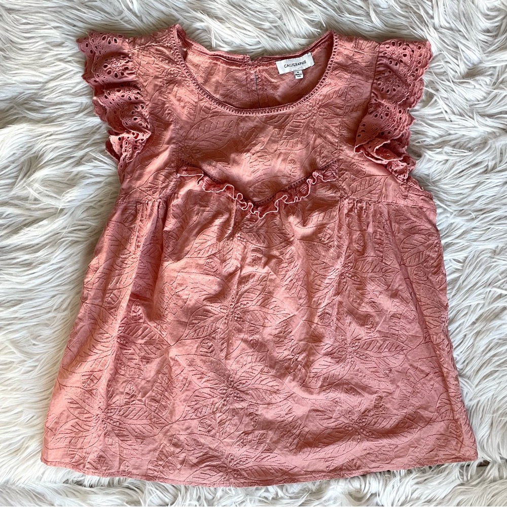 Anthropologie Boho Cottage Prairie Eyelet Shirt Top Flutter Sleeve Embroidered M